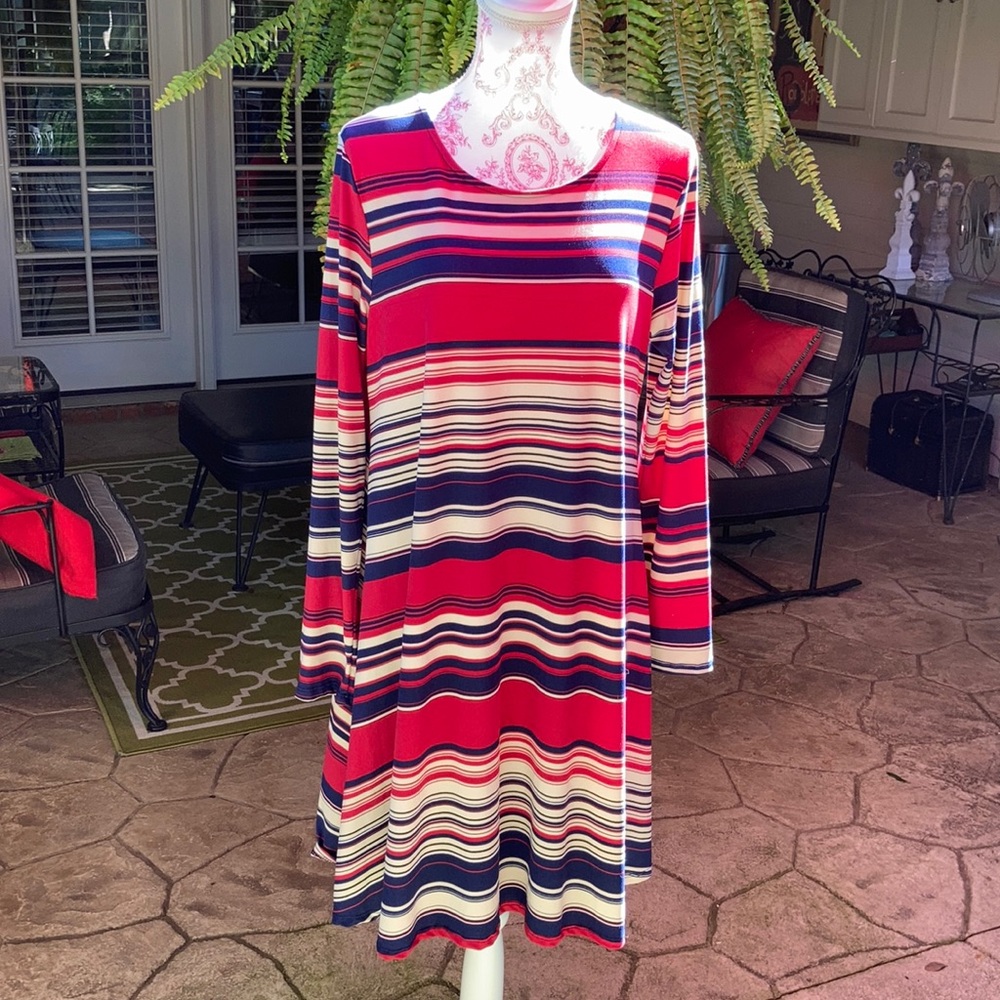 Striped red, white, blue knit dress